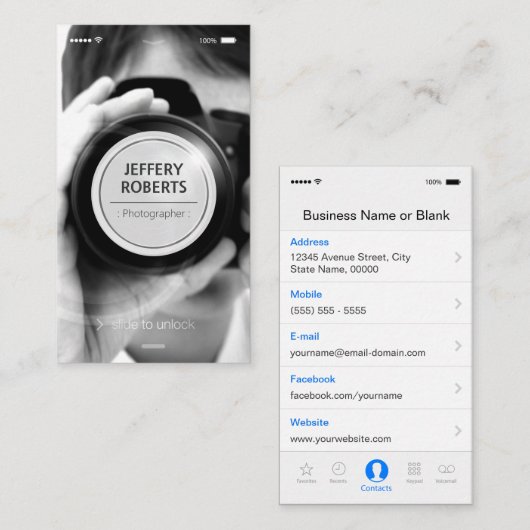 Carte De Visite Style iOS iPhone créatif - Photographe moderne (Devant / Derrière)