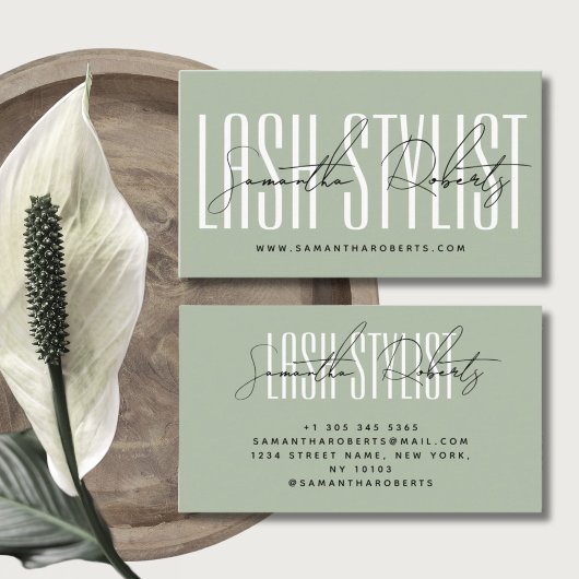 Carte De Visite Style Lash typographie moderne sauge vert