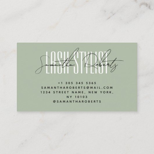 Carte De Visite Style Lash typographie moderne sauge vert (Dos)