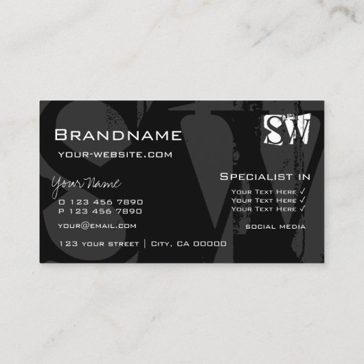 Carte De Visite Style noir blanc et gris avec initiales Moderne (Dos)