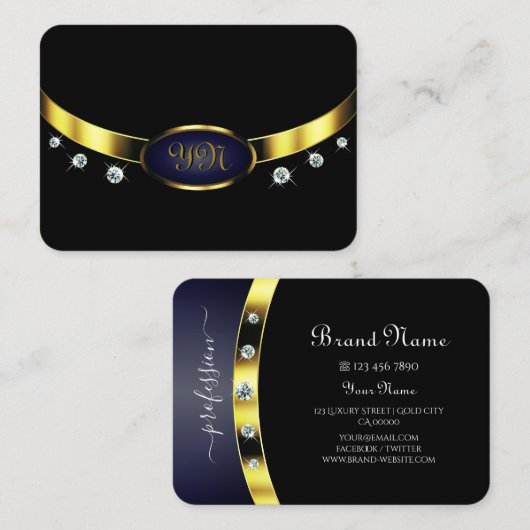 Carte De Visite Style noir et or avec Initiales Rhinestones (Devant / Derrière)