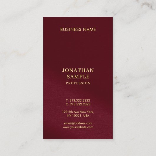 Carte De Visite Style or personnalisé Texte Bourgogne Modèle verti (Dos)