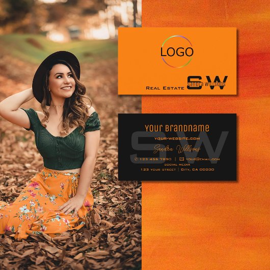 Carte De Visite Style Orange Noir avec Monogramme et Logo Simple