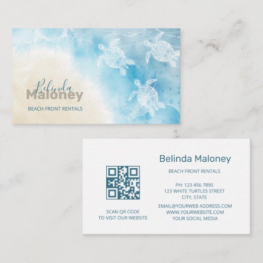 Carte De Visite Style plage Turtasses blanches Scan QR Code (Devant / Derrière)