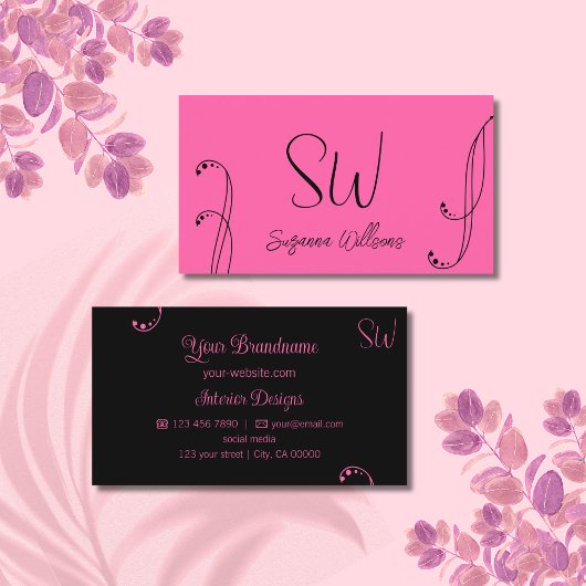 Carte De Visite Style rose et noir chic Ornate avec Monogramme