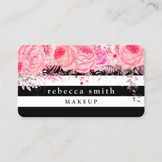 Carte De Visite Style rose floral noir rayures blanches maquillage (Devant)