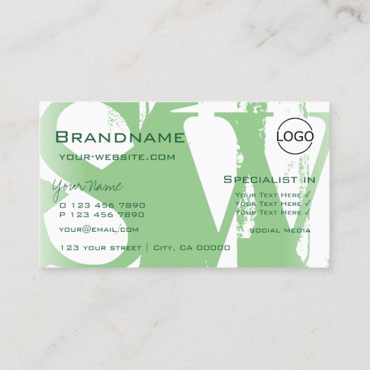 Carte De Visite Style Sage Vert Blanc avec logo et monogramme (Dos)