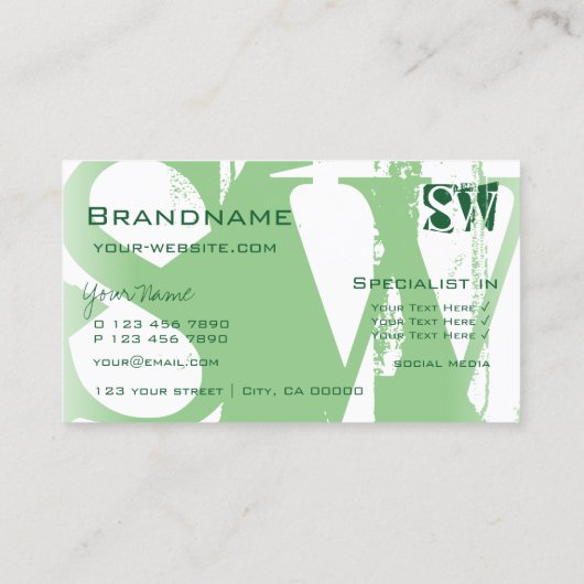 Carte De Visite Style Sage Vert et Blanc avec Initiales Moderne (Dos)