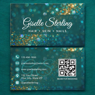 Carte De Visite Style Turquoise Blue Gold Parties scintillant QR C