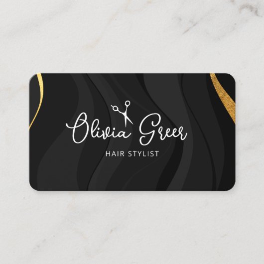 Carte De Visite Stylet de cheveux moderne Black Gold Script (Devant)