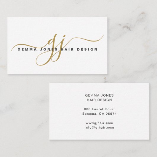 Carte De Visite Stylet de cheveux moderne Gold Script Monogramme (Devant / Derrière)