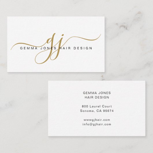 Carte De Visite Stylet de cheveux moderne Gold Script Monogramme (Devant / Derrière)