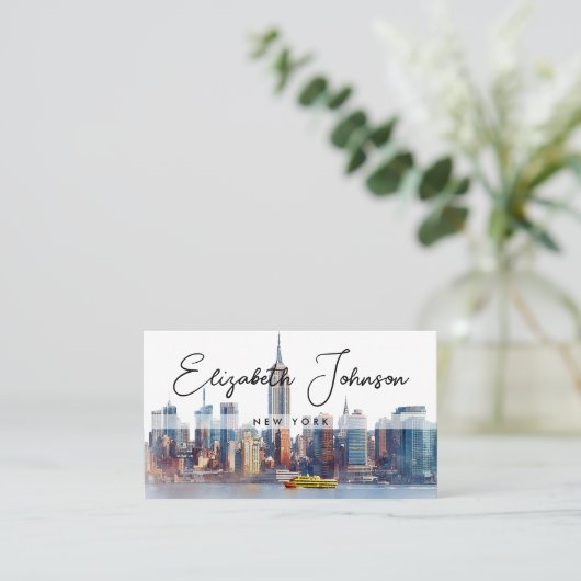 Carte De Visite Stylish Elegant Script New York Skyline (Debout devant)