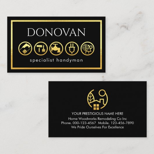 Carte De Visite Stylish Gold Handyman Tools Frame (Devant / Derrière)