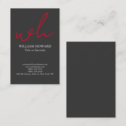 Carte De Visite Stylish Vertical Modern Monogram Grey Red (Devant / Derrière)