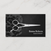 Carte De Visite Styliste cheveux ciseau argent élégant noir floral (Devant)