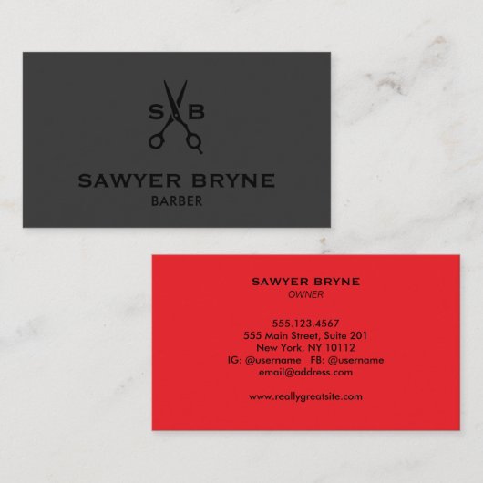 Carte De Visite Stylo-chaise moderne Ciseaux noir rouge (Devant / Derrière)