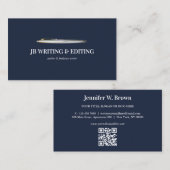 Carte De Visite Stylo écrivain blogueur code QR marine (Devant / Derrière)
