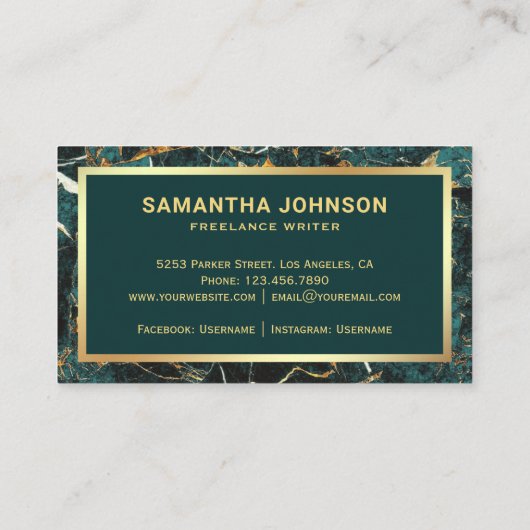 Carte De Visite Stylo en marbre vert Turquoise or Nib Professionne (Dos)