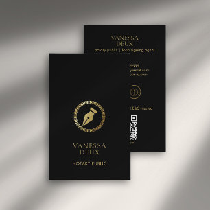 Carte De Visite Stylo Noir & Or Noyer moderne Stylo QR Logo Élégan