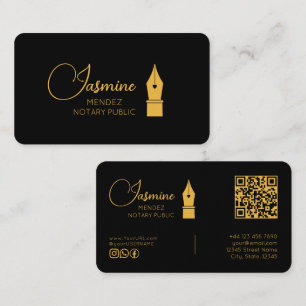 Carte De Visite Stylo-plume moderne Black Gold Monogram QR Notaire
