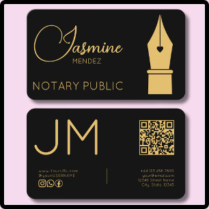 Carte De Visite Stylo-plume moderne Black Gold Monogram QR Notaire