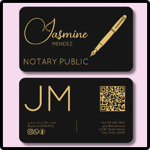 Carte De Visite Stylo Plume Moderne Black Gold Monogramme QR Notai