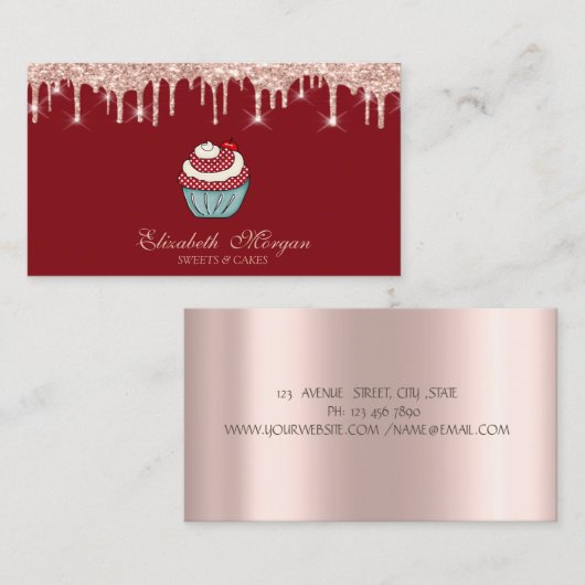 Carte De Visite Sucres Cupcake Rose Gold Drives Rouge (Devant / Derrière)