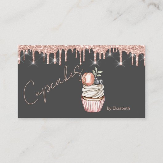 Carte De Visite Sucres Cupcakes Macaron Rose gouttes d'or (Devant)