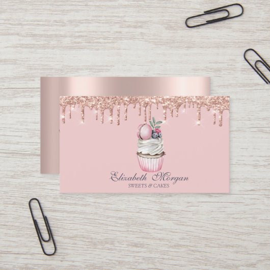 Carte De Visite Sucres de luxe Cupcake Macaron Rose Gold Drives (Devant/Arrière en situation)