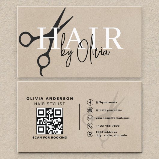 Carte De Visite Suede Neutral Scissors QR Code Hair Stylist 