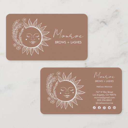 Carte De Visite Sun Flower Boho Line Art Elegant Mocha Social Icon (Devant / Derrière)