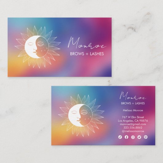 Carte De Visite Sun & Moon Boho Line Art Chic Rainbow Social Icons (Devant / Derrière)