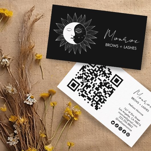 Carte De Visite Sun & Moon Boho Line Art Elegant QR Icônes sociale