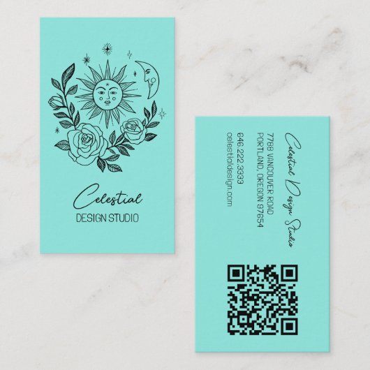 Carte De Visite Sun Moon & Rose Magique Boho Botanique CUSTOM QR (Devant / Derrière)