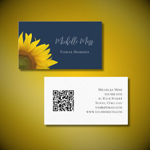 Carte De Visite Sunflower Whimsical QR code Navy Blue