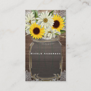 Carte De Visite Sunflowers & Daisy Mason Jar Sparkle Rustic Chic