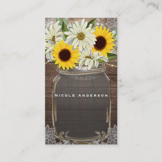 Carte De Visite Sunflowers & Daisy Mason Jar Sparkle Rustic Chic (Devant)