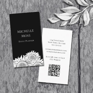 Carte De Visite Sunflowers moderne QR code Black White Boho