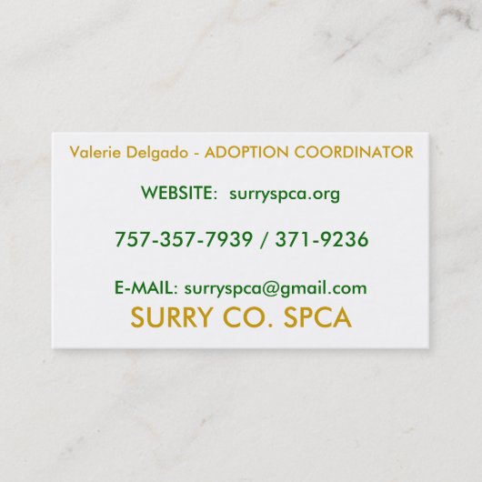 Carte De Visite SURRY Cie. SPCA, Valerie Delgado - ADOPTION COOR… (Devant)