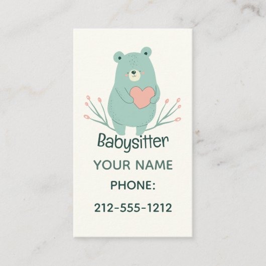 Carte De Visite Sweet Blue Bear Heart Babysitter QR Code (Devant)
