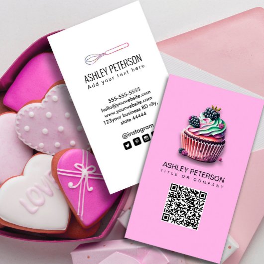 Carte De Visite Sweet Cupcake Restauration Boulangerie Rose QR Cod