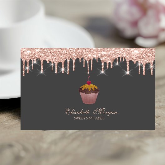 Carte De Visite  Sweets Cupcake Cherry Rose Gold Drips Bakery 