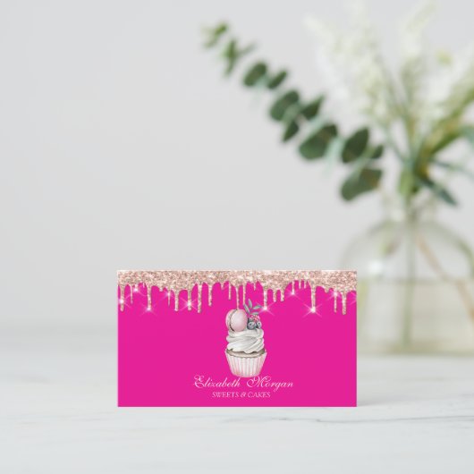 Carte De Visite Sweets Cupcake Macaron Rose Gold Drips Pink (Debout devant)
