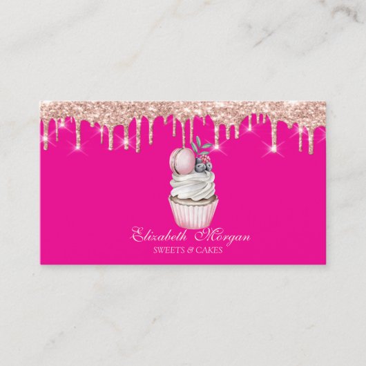 Carte De Visite Sweets Cupcake Macaron Rose Gold Drips Pink (Devant)