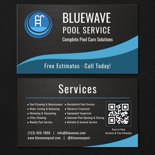 Carte De Visite  Swimming Pool Service QR Code Metallic