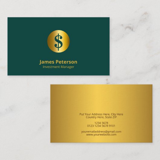 Carte De Visite Symbole de monnaie d'or | Elégant Tosca Vert (Devant / Derrière)