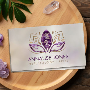 Carte De Visite symbole reiki et mains en lotus améthyste et or