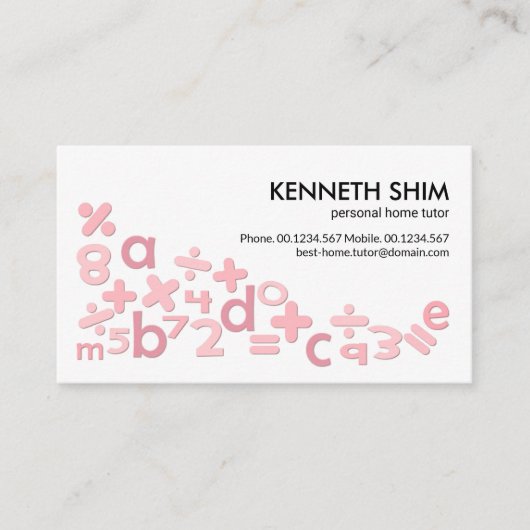 Carte De Visite Symboles de maths rose pâle Alphabets Home Tutor (Devant)
