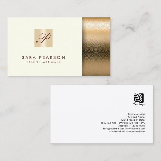 Carte De Visite Talent Manager Entertainement Gold Monogram Damask (Devant / Derrière)